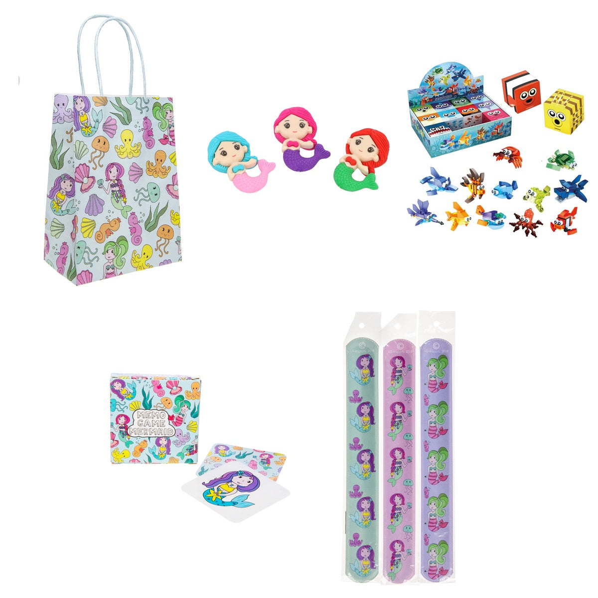 Single Mermaid Party Bag with Fillers — bag, mermaid erasers, sealife brick kit, memo game and slap bracelet