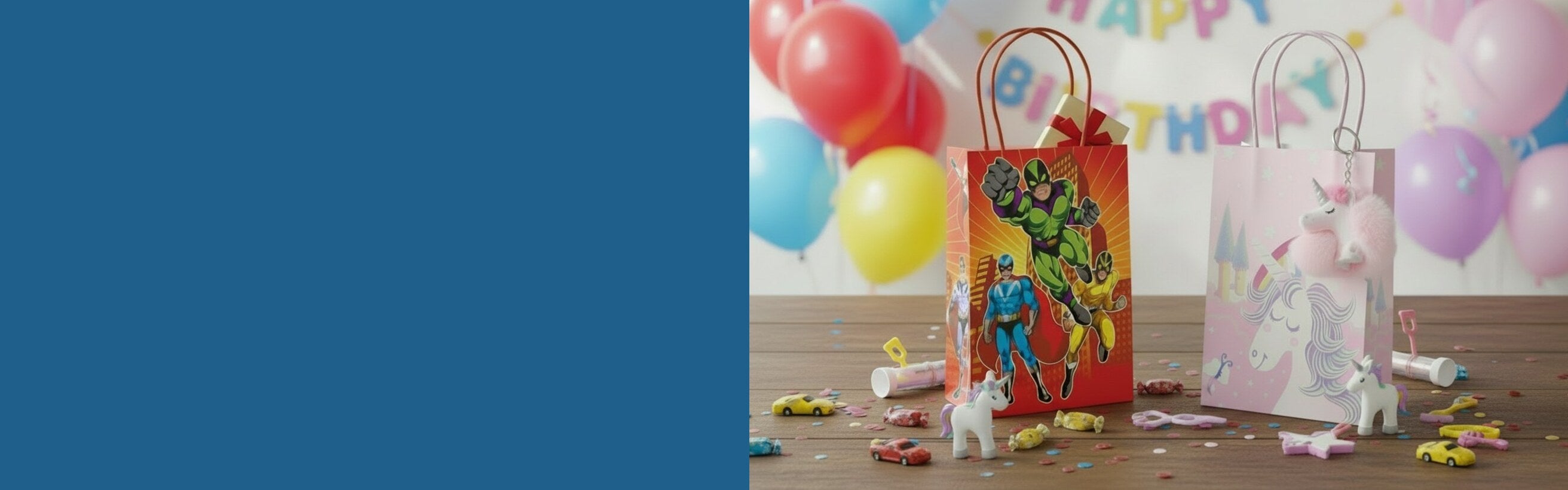 Superhero and Unicorn paper party bags on a white wooden table with toys, candies and confetti scattered around