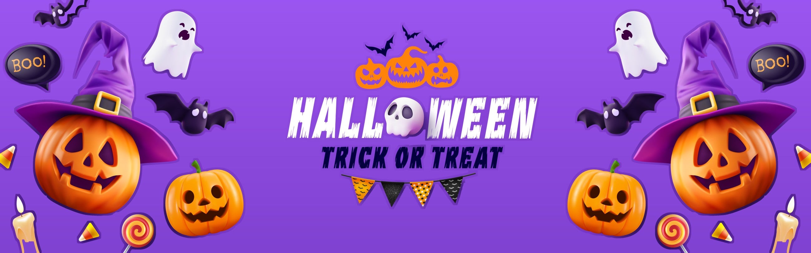 Halloween Trick or Treat banner with pumpkin, ghost, bats and witch hat (placeholder preview image)