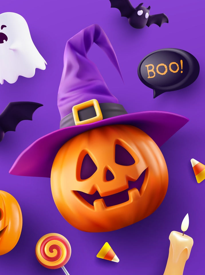 Halloween Trick or Treat banner with pumpkin, ghost, bats and witch hat (placeholder preview image)
